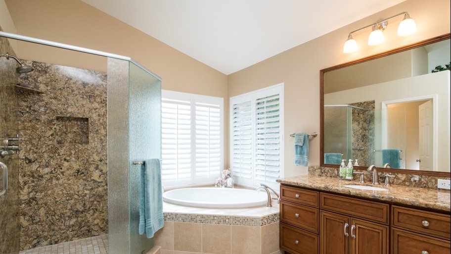 chocolate double sink vanity and quartz countertop